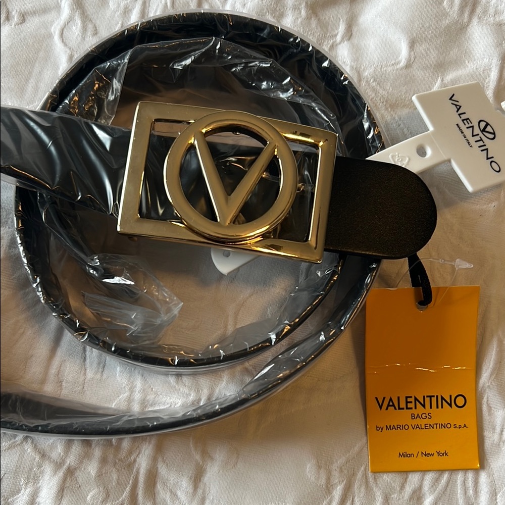 Valentino Black Leather Belt with Gold V Logo Buckle